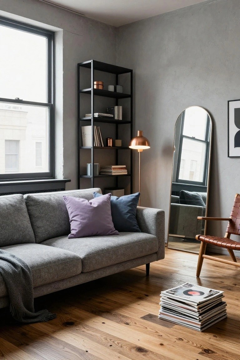 Grey fabric sofa with purple and blue pillows and a grey throw in a minimalist living room with black metal shelves, copper floor lamp, arched mirror, red leather chair, and stack of magazines on oak wood floors.