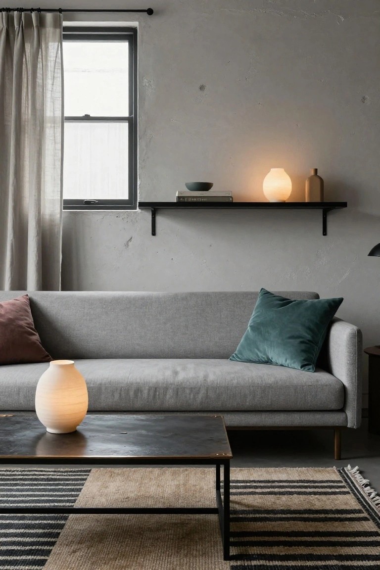 Light grey sofa with a mauve pillow and teal velvet pillow in a minimalist room with concrete walls, sheer curtains on a metal-framed window, floating black shelves holding a bowl, books, milky glass lamp and tan vase, black metal coffee table with tall white ceramic lamp, and striped jute rug on the floor.