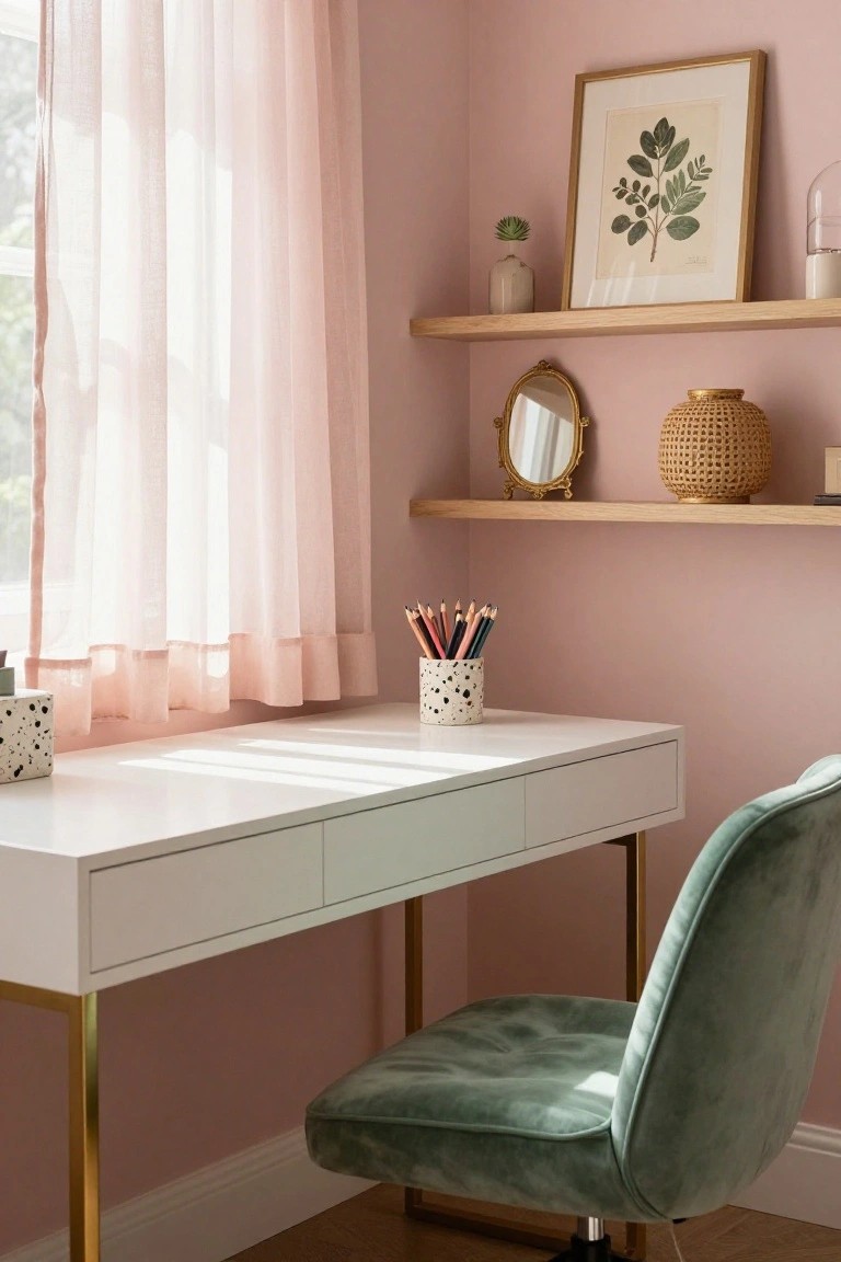 Home office corner featuring blush pink walls, white desk with gold legs, green velvet swivel chair, floating oak shelves with plants, gold mirror, woven basket, and sheer pink curtains beside a window.