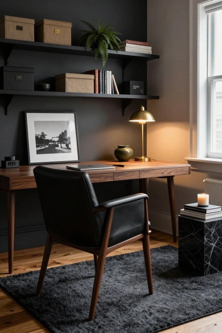 A home office with dark charcoal walls, walnut wood desk and chair legs, black leather armchair, gold desk lamp, floating black shelves holding tan boxes plants and books, black-and-white framed photo, and side table with stacked books and candle next to a window.