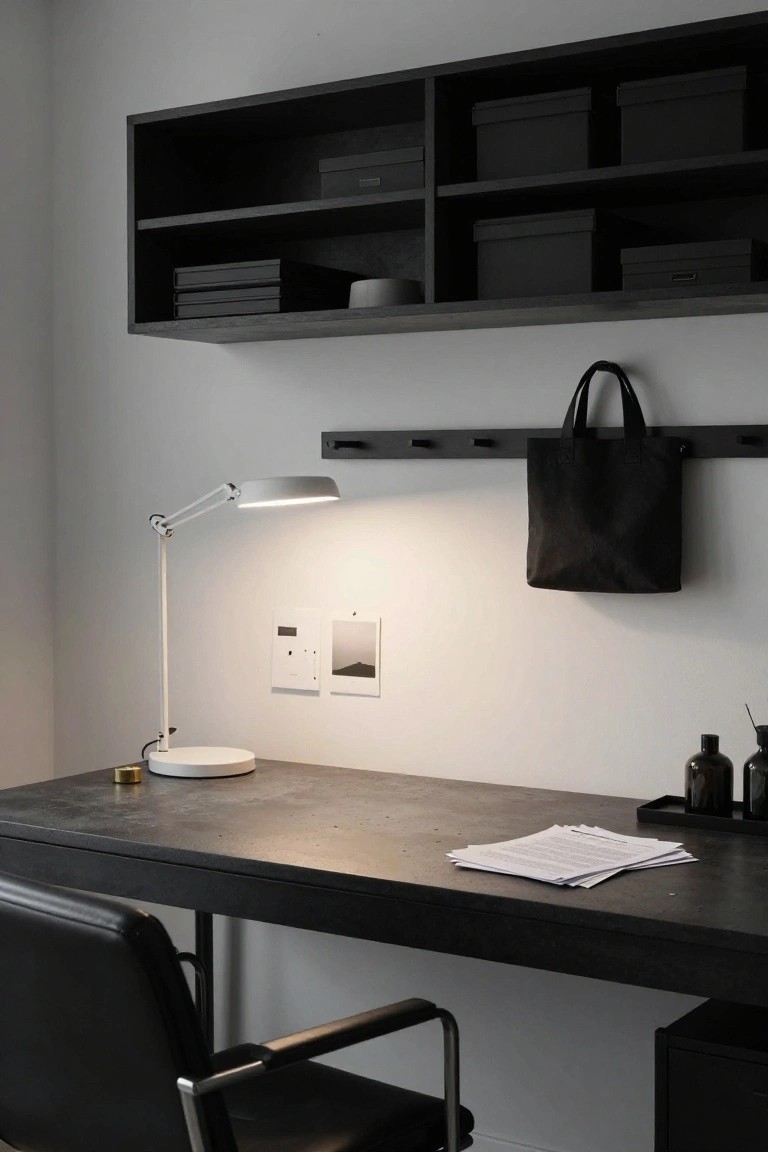 A minimalist home office with black wall shelves and boxes, a black desk holding papers and a white lamp, black leather chair, and black tote bag on hooks against light walls.