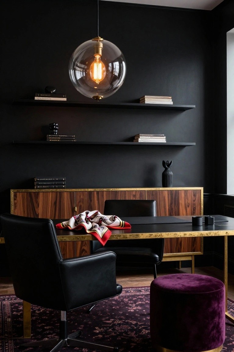 Home office with matte black walls, floating black shelves holding books and decor, brass-trimmed wooden credenza desk, black leather desk chair and guest chair, glass globe pendant light, black vase, purple velvet pouf stool, and patterned rug.