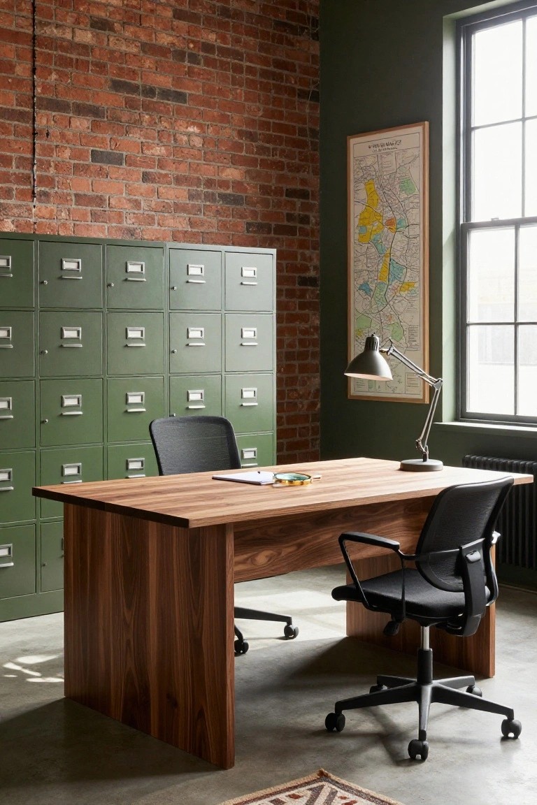 Home office featuring tall green metal filing cabinets along a brick wall, a large walnut wood desk with black mesh office chairs, a desk lamp, and a framed map on a green wall next to a window.