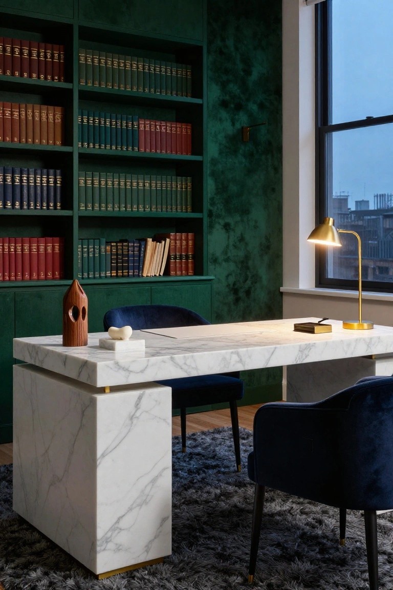 Home office featuring emerald green walls and bookshelves behind a white marble desk with gold legs, navy velvet chairs, gold desk lamp, and a window overlooking city buildings at dusk.