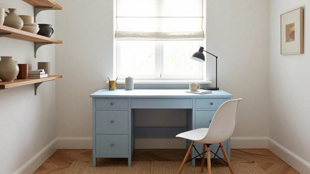 Corner home office featuring a light blue wooden desk with drawers, white molded plastic chair, wooden wall shelves holding pottery, books, and plants, a desk lamp, and two large windows with sheer curtains in a room with cream walls and wood trim.