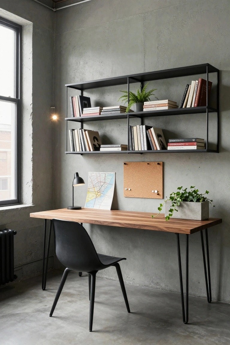 Home office with exposed gray concrete walls and floor, black metal shelving unit holding books and potted plants, walnut desk on black hairpin legs, black molded plastic chair, desk lamp, corkboard, city map, and potted ivy plant.