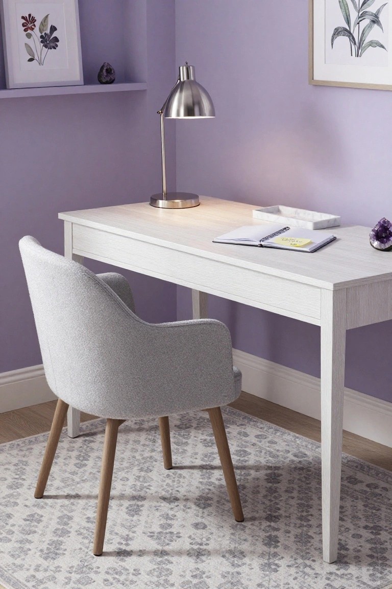 Home office corner featuring lavender purple walls, white wood desk with open notebook and sticky note, gray upholstered armchair, silver desk lamp, marble tray, amethyst crystals, and framed botanical prints on a floating shelf above a gray patterned rug.