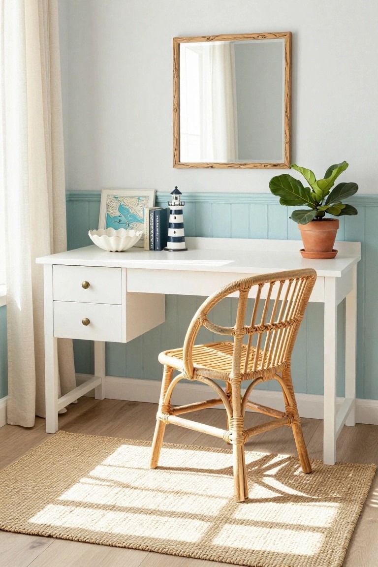 Home office with light blue paneled walls, white desk with two drawers, rattan chair, wooden lighthouse model, potted plant, shell bowl, books, and driftwood-framed mirror.