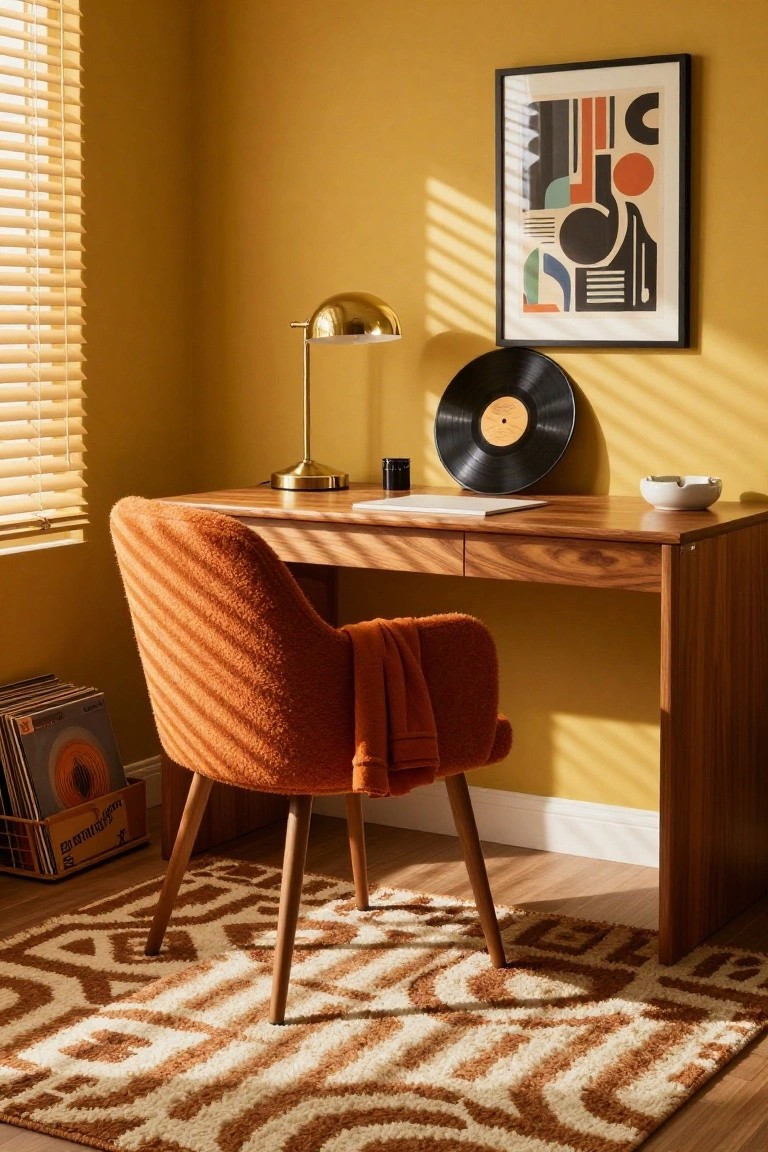 Home office featuring mustard yellow walls, wooden desk with drawers, burnt orange upholstered chair with throw, gold desk lamp, vinyl records on shelf, and abstract wall art.