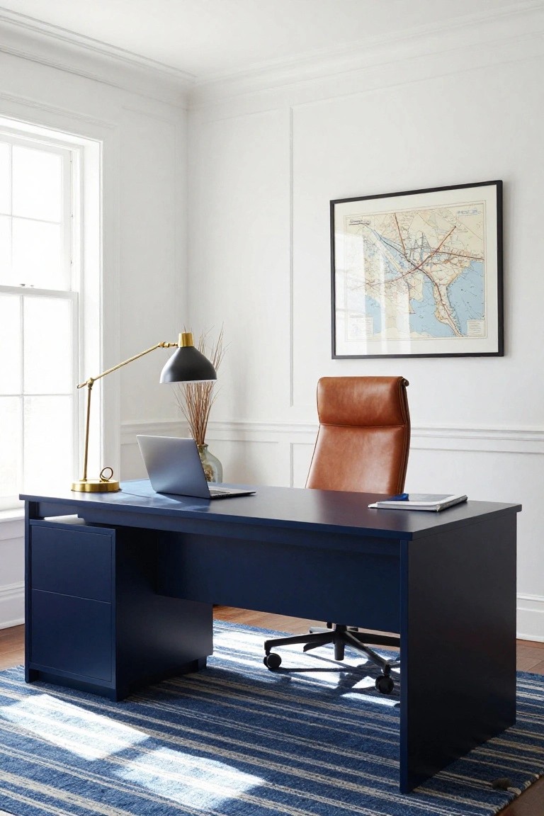 Home office with navy blue desk, tan leather chair on casters, gold desk lamp with black shade and pampas grass, silver laptop, notebook, glass vase, and framed map on white paneled wall beside window, blue and white striped rug on wood floor.