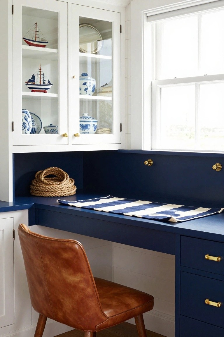 Corner home office with white glass-front upper cabinets displaying model ships and blue and white porcelain, navy blue lower desk and cabinets with gold knobs and drawers, tan leather chair, and navy blue and white striped runner on the desk surface.