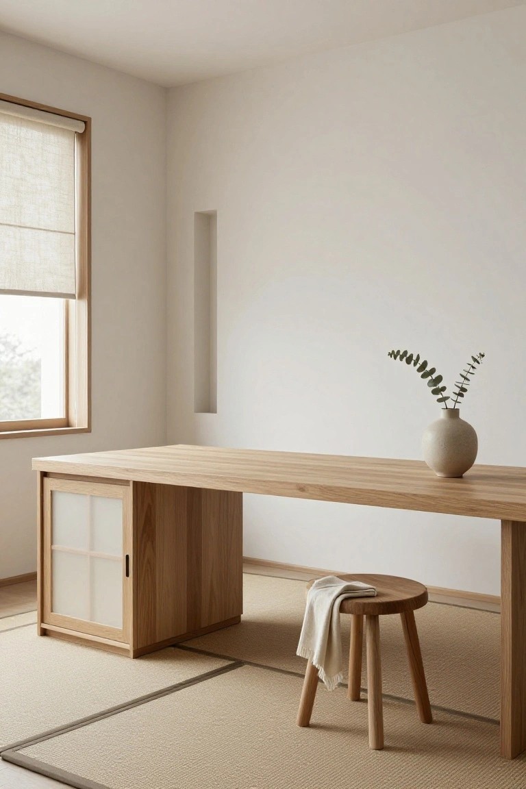 A minimalist home office corner featuring a light oak desk with integrated cabinet having frosted glass doors, a low round oak stool draped with a white cloth, a beige ceramic vase holding eucalyptus branches, tatami-style floor mat, and a linen roller shade on a wood-framed window in white walls.