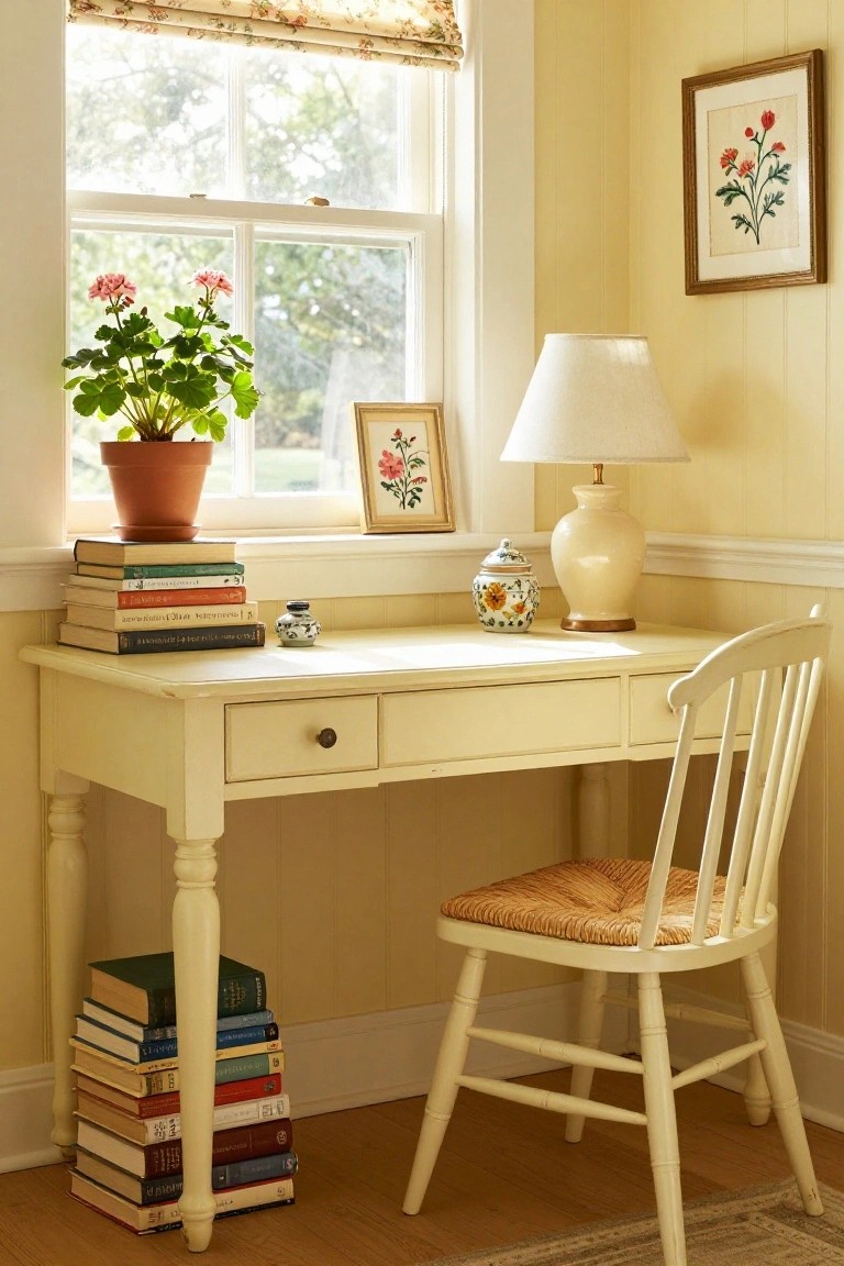 Cozy home office corner with pale yellow paneled walls, white wooden desk topped with stacked books and jars, potted geranium plant by the window, table lamp, and wooden chair with rush seat.