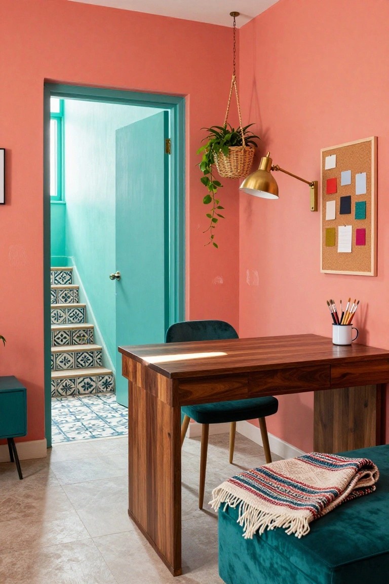 Home office with coral pink walls, wooden desk, green velvet chair and ottoman, turquoise door open to tiled stairs, hanging plant, desk lamp, and corkboard.