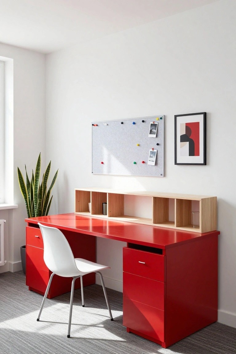 A home office with red desk and drawers, white molded plastic chair, light wood shelving unit above the desk, snake plant in corner, white bulletin board with magnets and photos on wall, and black-framed abstract art.