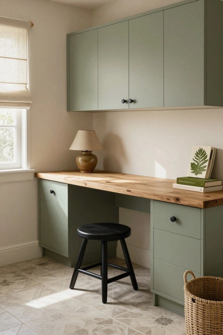 Home office with sage green upper and lower cabinets, wooden desk top with integrated drawers, black stool, beige lamp on ceramic base, stacked books with green covers, wicker basket on tiled floor, and window with linen blinds.
