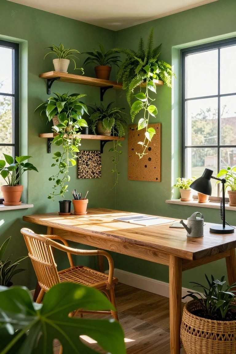 Corner home office with sage green walls, wooden desk and rattan chair, multiple potted plants on shelves and windowsills, hanging plants, black desk lamp, and watering can.