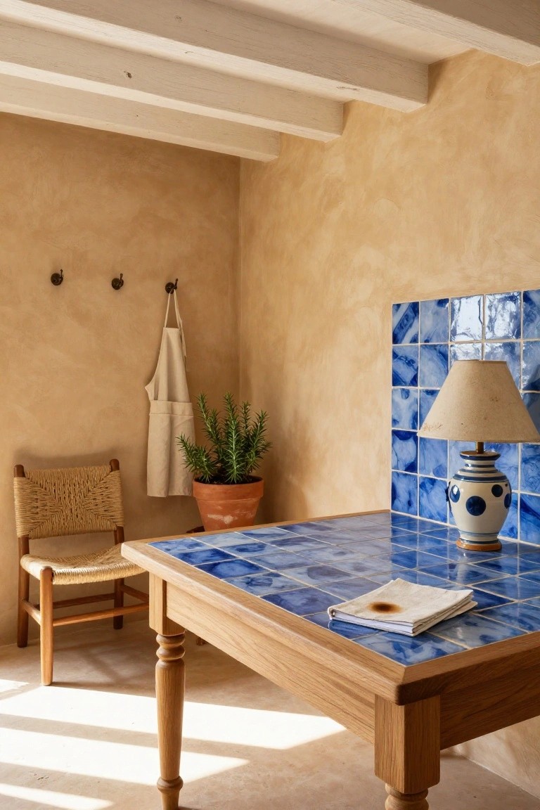 Home office corner featuring beige textured walls, oak table with blue tile top, rattan chair, potted plant, hanging white apron, blue tiled wall with white lamp and vase.