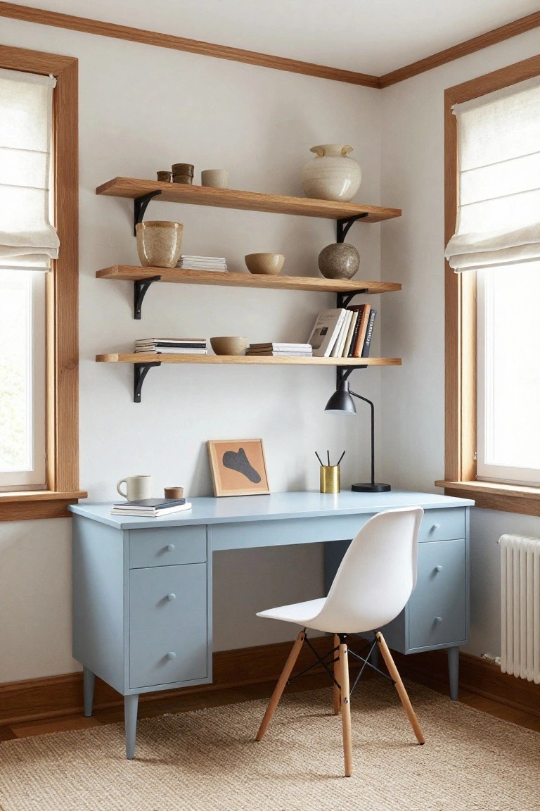 Corner home office featuring a light blue wooden desk with drawers, white molded plastic chair, wooden wall shelves holding pottery, books, and plants, a desk lamp, and two large windows with sheer curtains in a room with cream walls and wood trim.