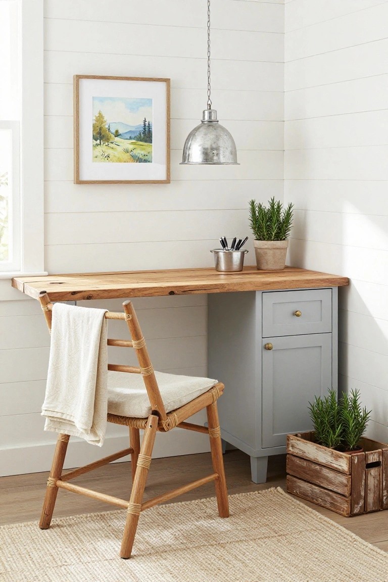 Corner home office with light wood butcher block desk on gray cabinet, rattan chair draped with cream throw, potted rosemary plants in metal container and wooden crate, silver pendant light, and framed watercolor painting on white shiplap walls.