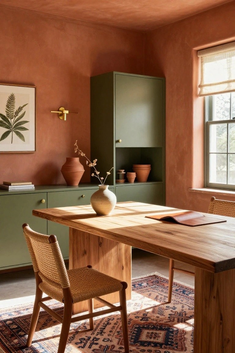 Home office interior with terracotta plaster walls, sage green cabinets and shelving, wooden desk, rattan chairs, ceramic vases with dried branches, and a patterned rug.