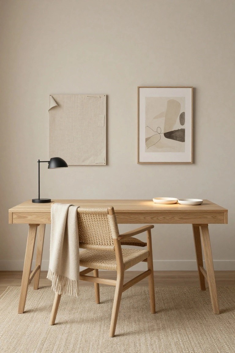 Home office with beige walls, oak desk holding two white bowls and a black adjustable lamp, rattan armchair with cream throw blanket, and neutral abstract artworks nearby.