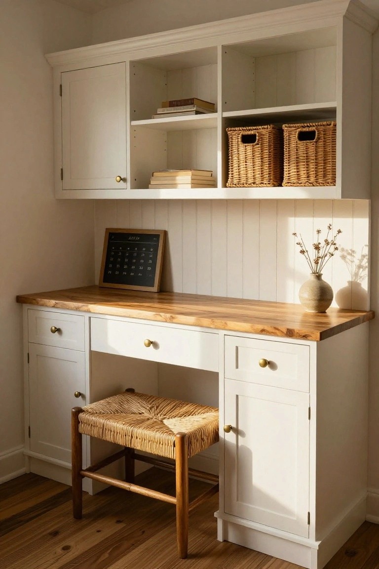 White built-in desk with zebrawood top and brass pulls, flanked by cabinets and topped with open shelves holding books and woven baskets, plus a wood-frame rush stool, against white beadboard wall in a room with hardwood floors.