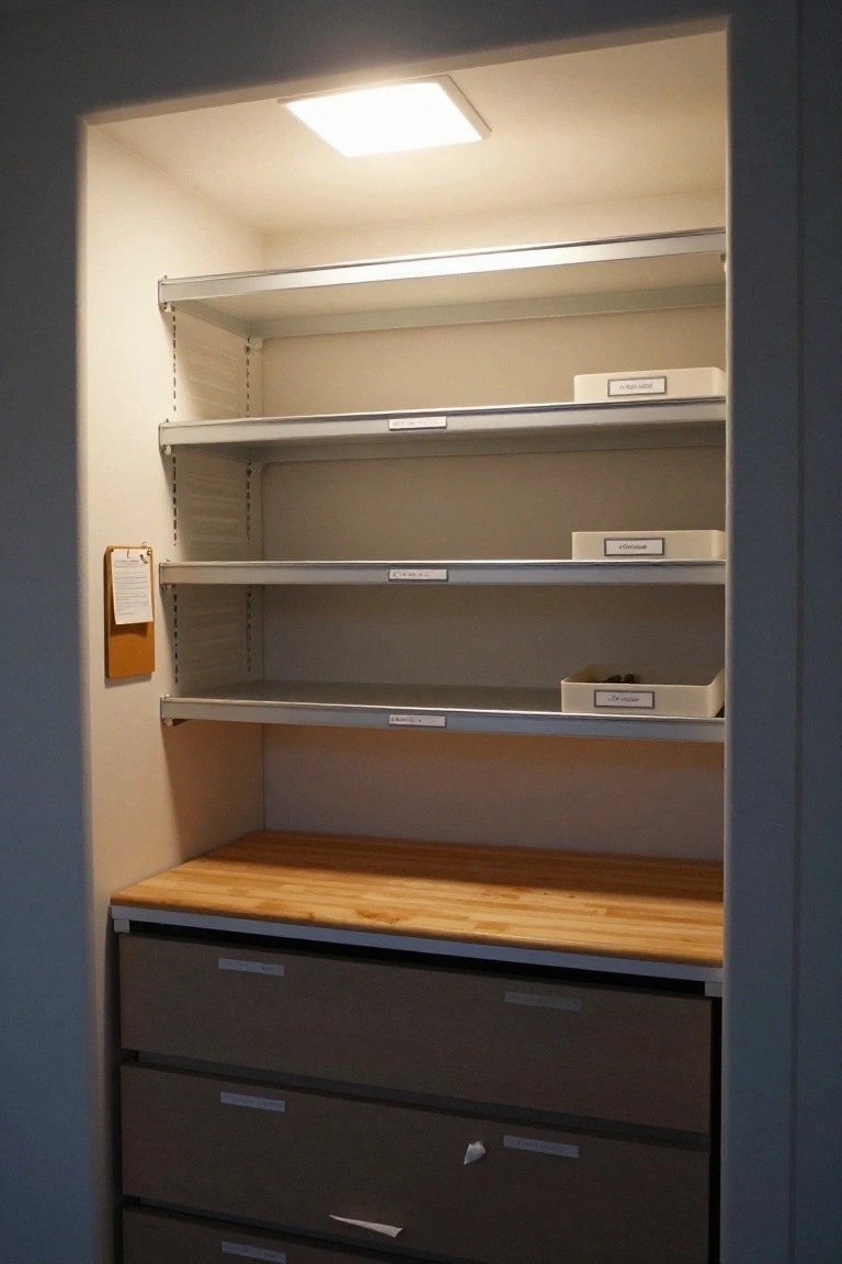 Open built-in closet with adjustable silver metal shelves holding labeled beige bins, wooden countertop above brown drawers, and a clipboard on the wall, illuminated by a square ceiling light.