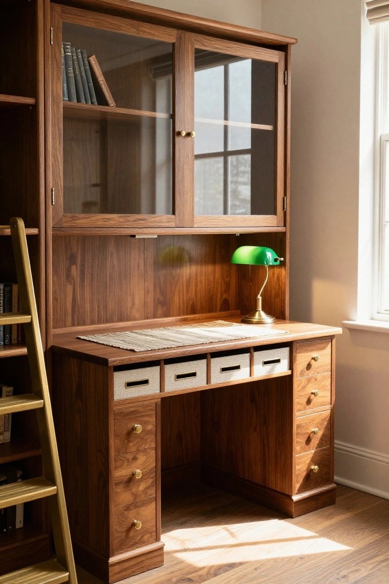 Wooden built-in desk hutch with glass-door upper cabinets holding books, open shelves with bins, lower drawers, a green banker's lamp, and a gold ladder beside it in a sunlit room.