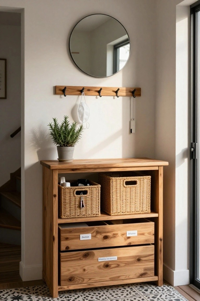 Wooden console table with open shelves holding woven baskets, labeled drawers underneath, coat hooks mounted on the wall above, round mirror nearby, potted rosemary plant on top, in a light entryway with tiled floor.