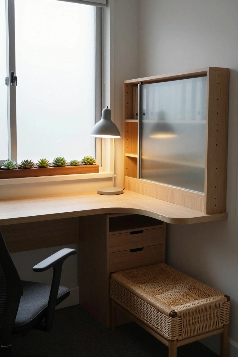 Light wood L-shaped corner desk with integrated shelves, drawers, and frosted glass sliding panel in a bright room with office chair, lamp, and potted succulents on windowsill.