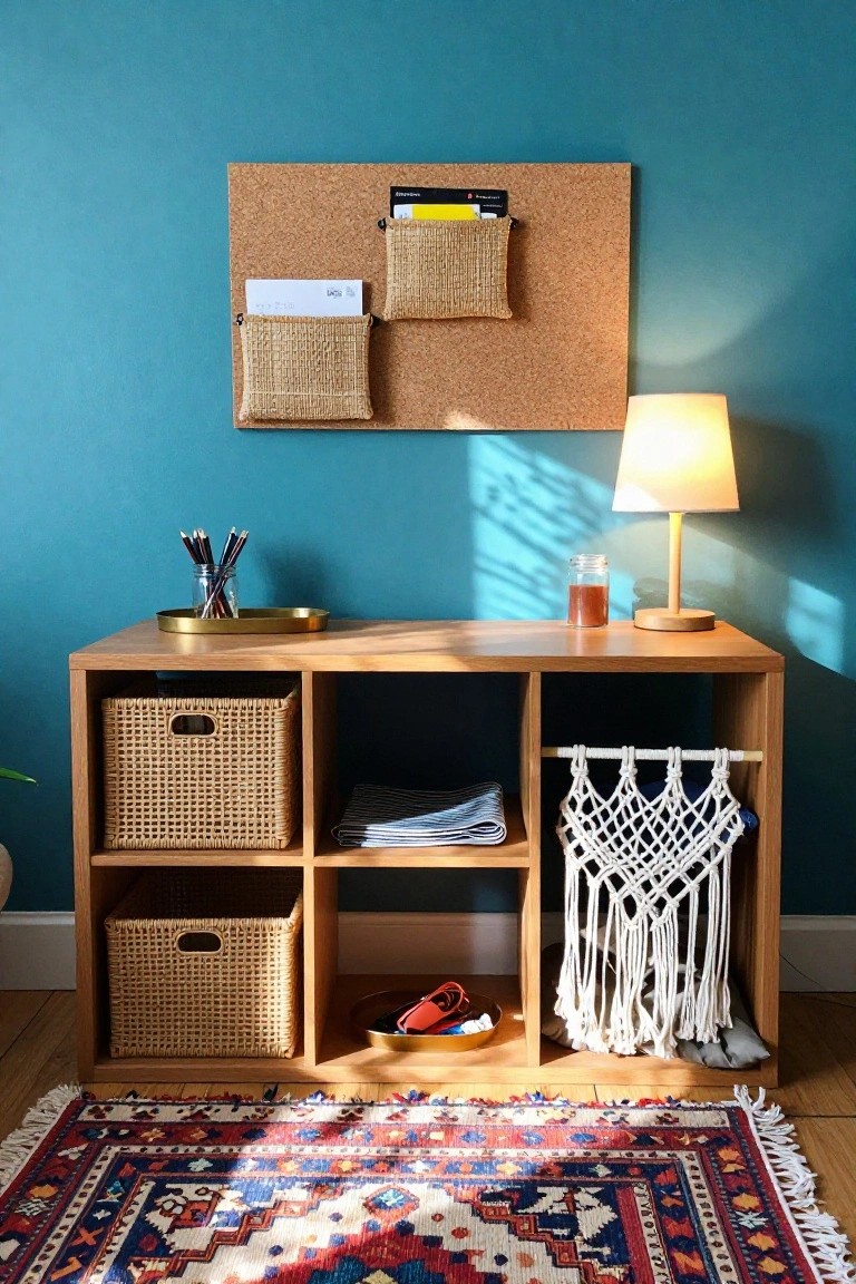 Wooden cube shelving unit against teal wall holding wicker baskets, folded fabrics, and small items, with corkboard pockets above, desk lamp, and patterned rug in front