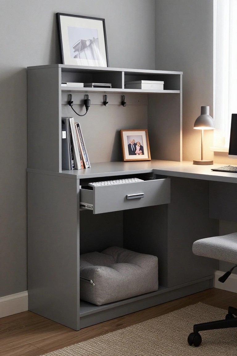 Gray corner desk unit with overhead hutch featuring open shelves, hooks, drawers, books, photo frames, computer, lamp, keyboard, and under-desk pet bed, paired with a light gray office chair.