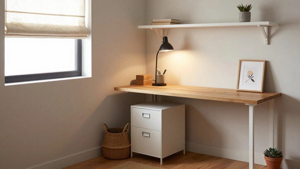 23 Home Office Organization Ideas That Cut the Clutter Corner indoor home office featuring a wall-mounted wooden floating desk with slatted edges, white floating shelves above holding succulents, a white vase, pencils, stacked cardboard boxes, and a small framed print, plus a white two-drawer metal filing cabinet below the desk and a woven seagrass basket on the hardwood floor near a window with beige roman shade.