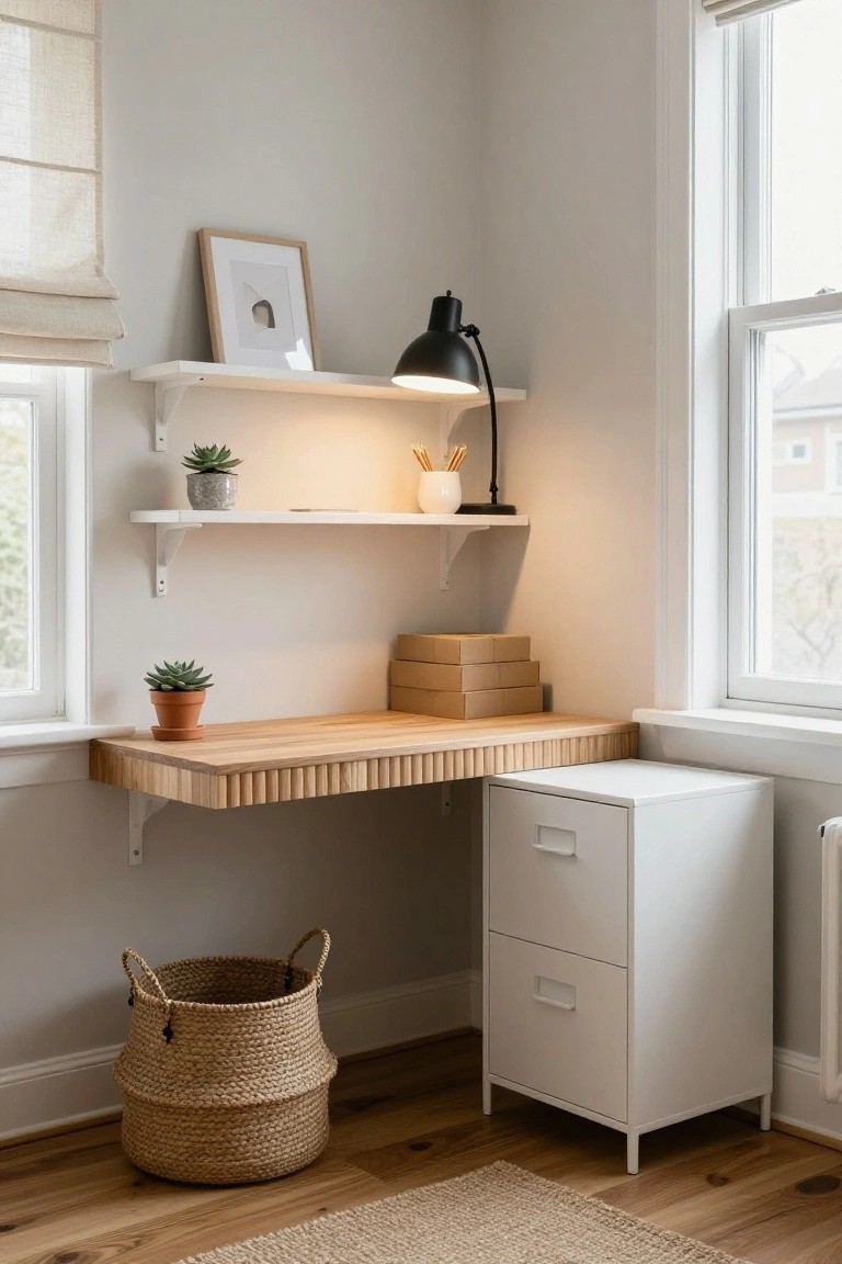 Corner indoor home office featuring a wall-mounted wooden floating desk with slatted edges, white floating shelves above holding succulents, a white vase, pencils, stacked cardboard boxes, and a small framed print, plus a white two-drawer metal filing cabinet below the desk and a woven seagrass basket on the hardwood floor near a window with beige roman shade.