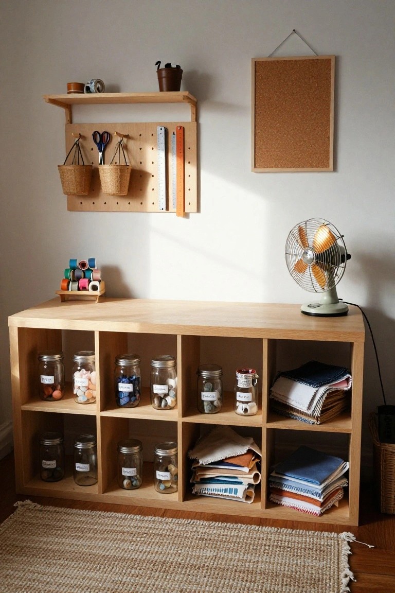 Wooden cubby shelving unit stocked with labeled glass jars holding beads, threads, buttons, and other small craft supplies, beside wall-mounted scissors and baskets in a bright room with a fan.