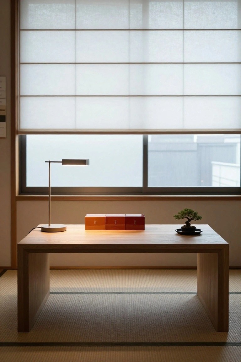 Low wooden table as a desk in a tatami-floored room with shoji blinds, holding three stacked red boxes, a slim desk lamp, and a bonsai tree in a black dish.