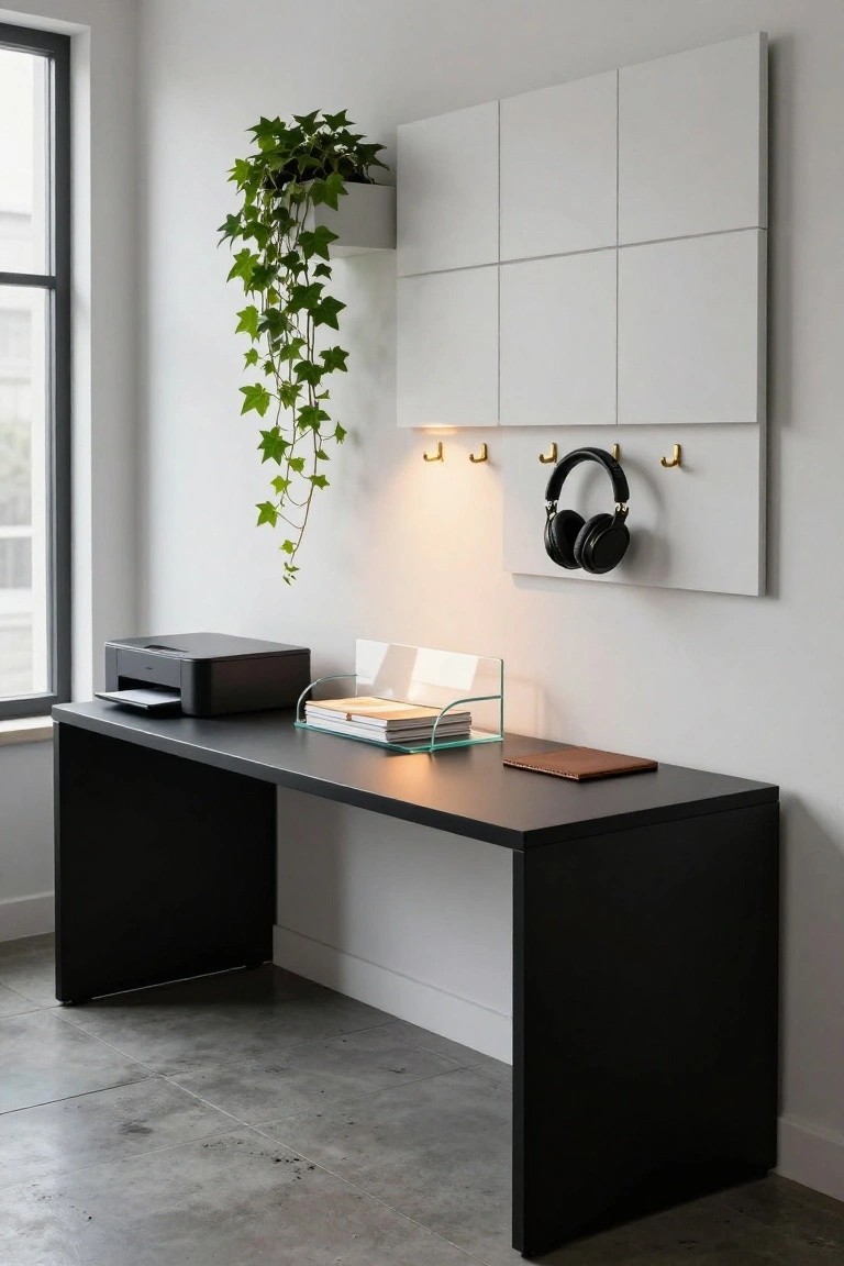 Home office with black desk holding printer, books in green-tinted tray, leather notebook; white grid wall panel with gold hooks and headphones; ivy plant in white pot hanging nearby; large window and concrete floor.