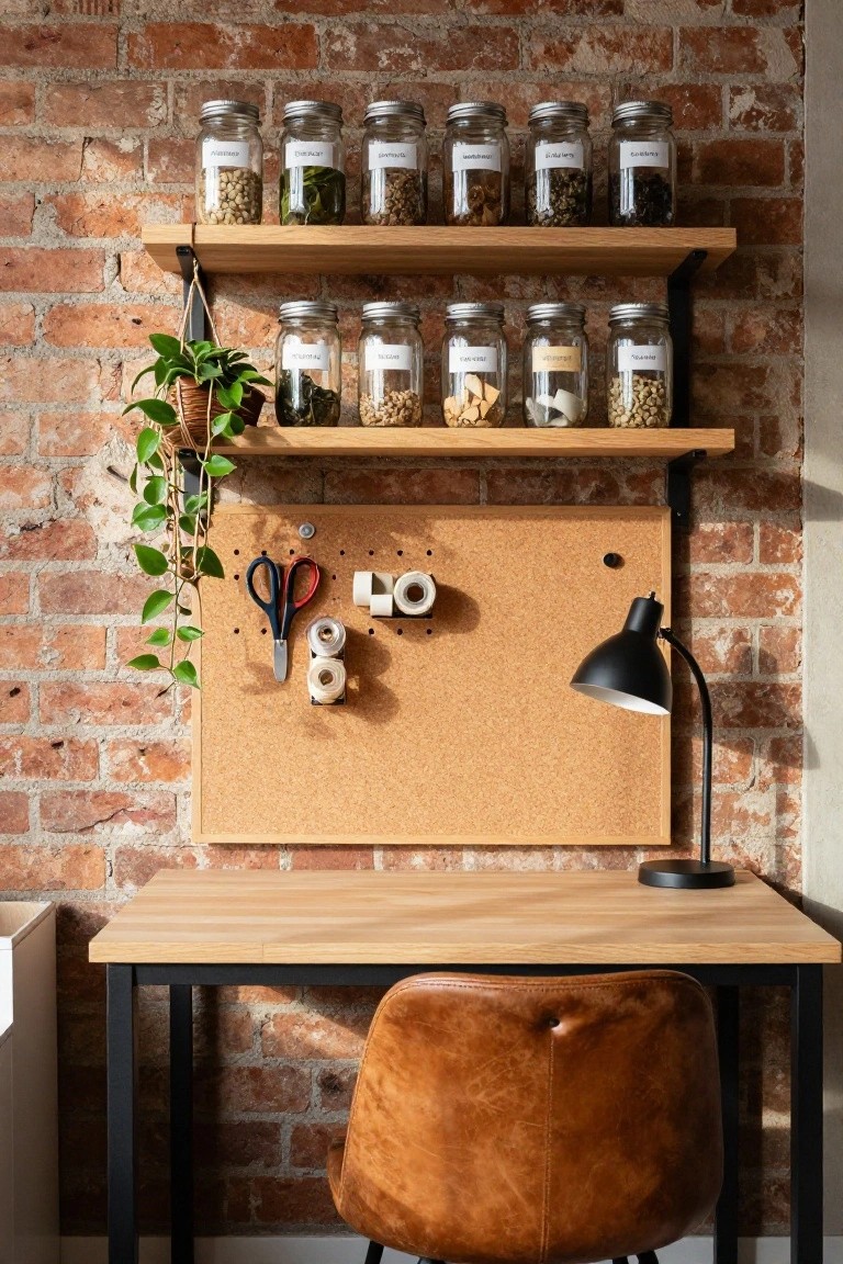 Exposed brick wall home office with wooden open shelves holding labeled glass jars of nuts, beans, herbs, and dried fruits, corkboard displaying scissors, tape rolls, and dispenser, black desk lamp, oak desk with black metal legs, and brown leather chair.