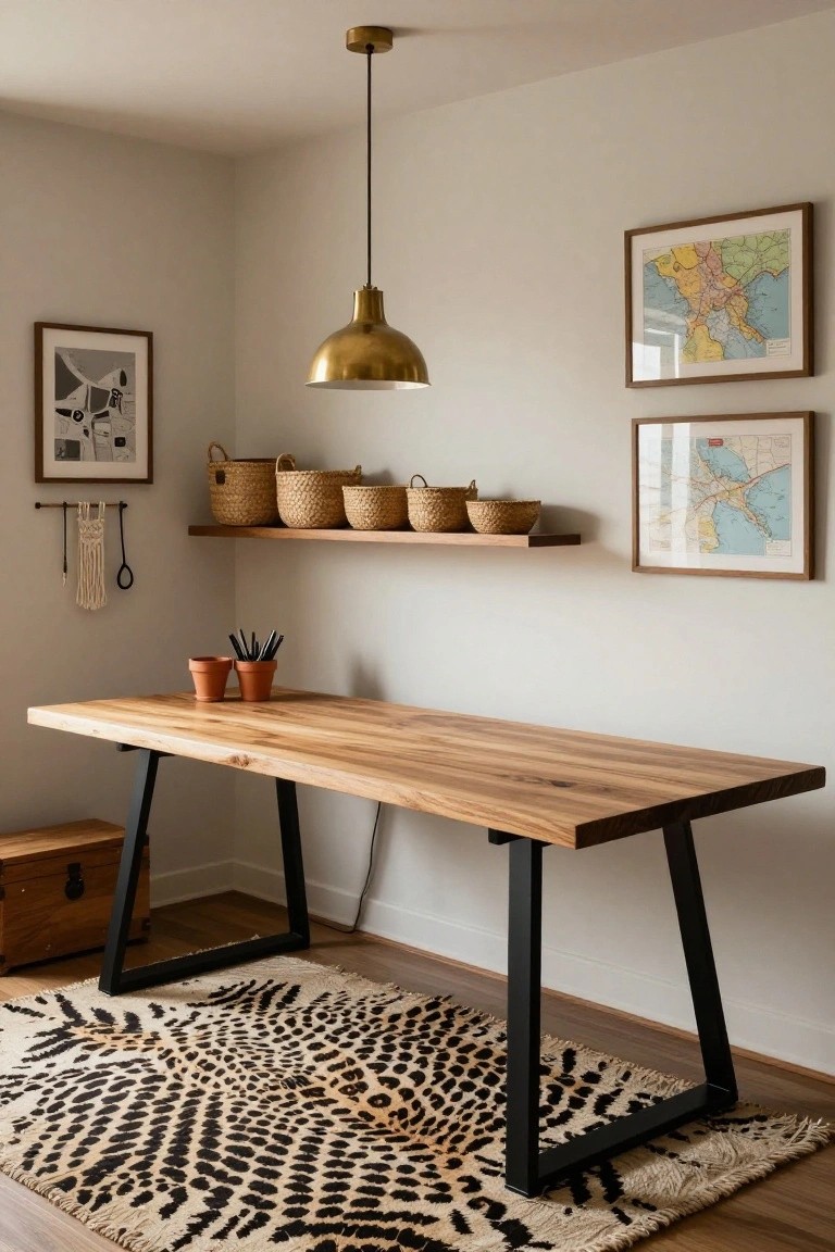 A home office corner with beige walls, a gold pendant light, floating wooden shelves holding several woven seagrass baskets, two framed maps, a black line drawing print, a live-edge wooden desk on black metal legs with two potted plants and pens, a wooden crate stool, and a black-and-white leopard print rug on wood floors.