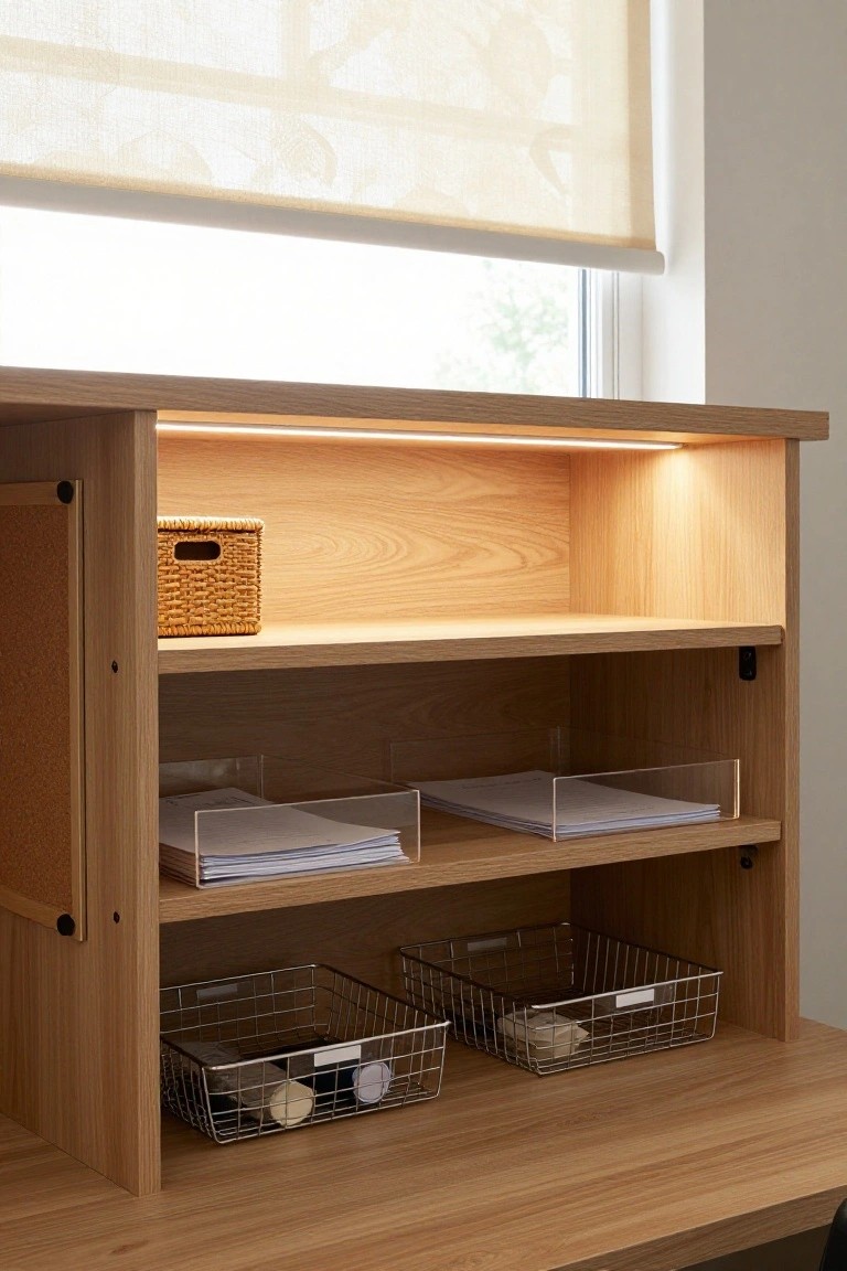 Wooden credenza with open oak shelves displaying wire baskets with soap and supplies, clear acrylic trays holding stacked papers, a rattan box, and integrated under-shelf LED lighting beside a window with beige blinds.