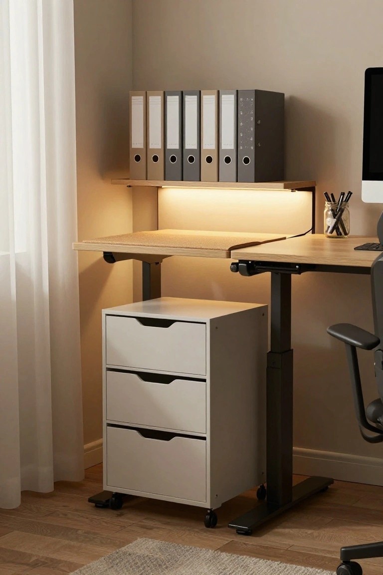 A height-adjustable oak desk with black legs in a beige home office corner, white three-drawer rolling pedestal beside it, wall-mounted shelf above holding beige and gray file binders with LED underlighting, black office chair, and sheer white curtains.