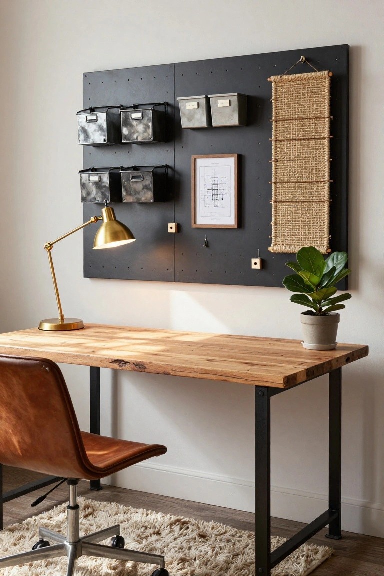 Home office with a wooden desk on black metal legs, gold desk lamp, brown leather chair, and large black pegboard wall panel above holding metal bins, woven hanging, drawing frame, plant, and hooks.