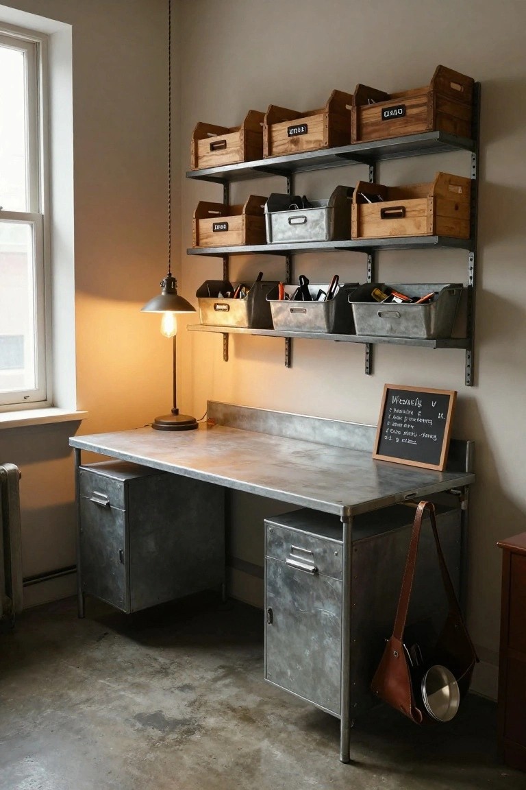 Home office featuring a large galvanized metal desk with drawers, wall-mounted metal shelves above holding wooden crates labeled in Korean and galvanized metal bins with tools, an industrial pendant lamp, and a small framed chalkboard on the wall.