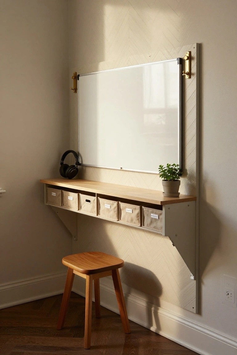 Corner wall-mounted wooden desk shelf with four beige fabric storage bins below, large white whiteboard above in wooden frame, black headphones and potted plant on desk, wooden stool in front, beige walls and parquet floor.