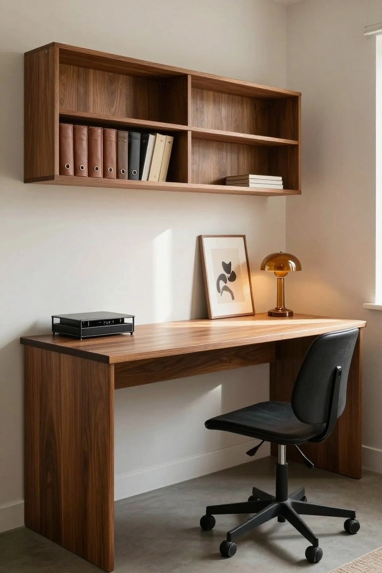 A home office with a wooden desk, black swivel chair, wall-mounted wooden shelves holding books and binders, a small black speaker, orange glass desk lamp, and framed abstract print on white walls.