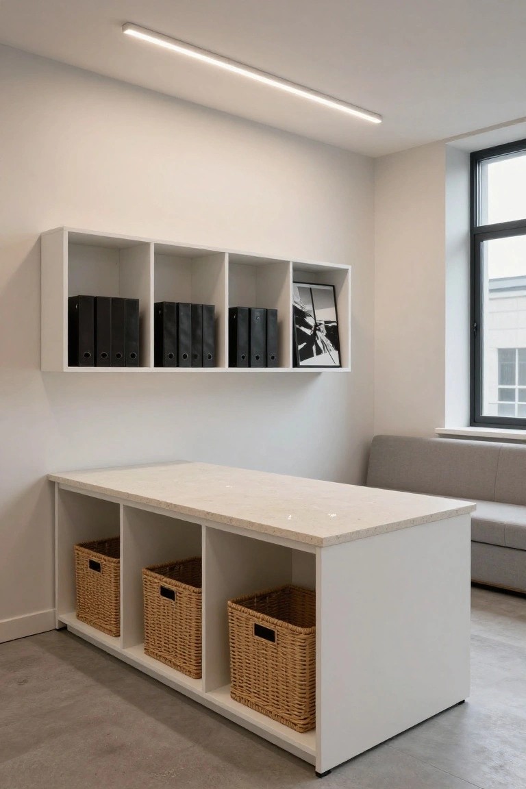 Modern home office corner featuring white wall-mounted shelving with black binders and a framed photo, a white low desk with beige stone top and open cubbies holding wicker baskets, a gray built-in sofa, large window, and gray concrete floor.