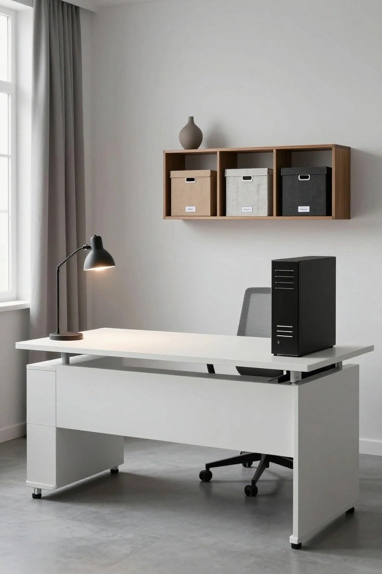 White adjustable standing desk in a minimalist home office with black PC tower, wooden wall shelf holding three labeled fabric storage boxes, black task lamp on desk, and gray mesh office chair.