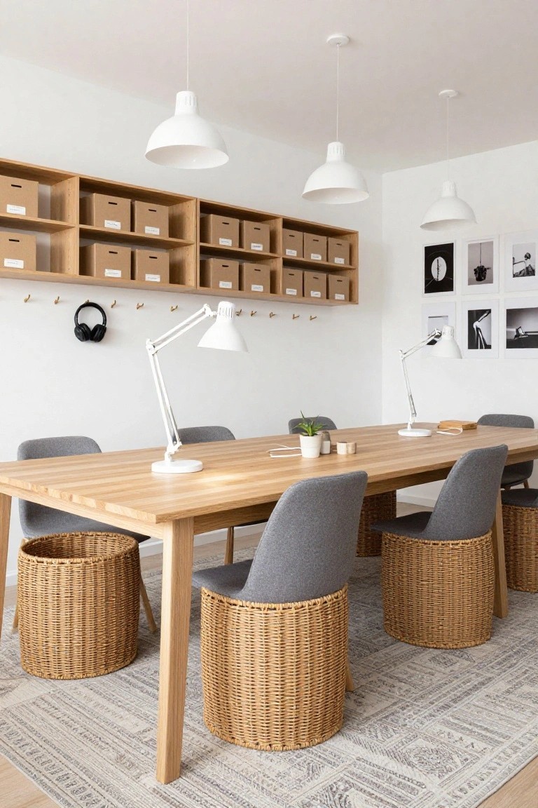 Modern home office with long oak table, gray upholstered chairs on rattan bases, white pendant lights overhead, wall-mounted wooden shelves filled with white boxes, adjustable desk lamps, black headphones on hooks, and framed black-and-white photos on white walls.