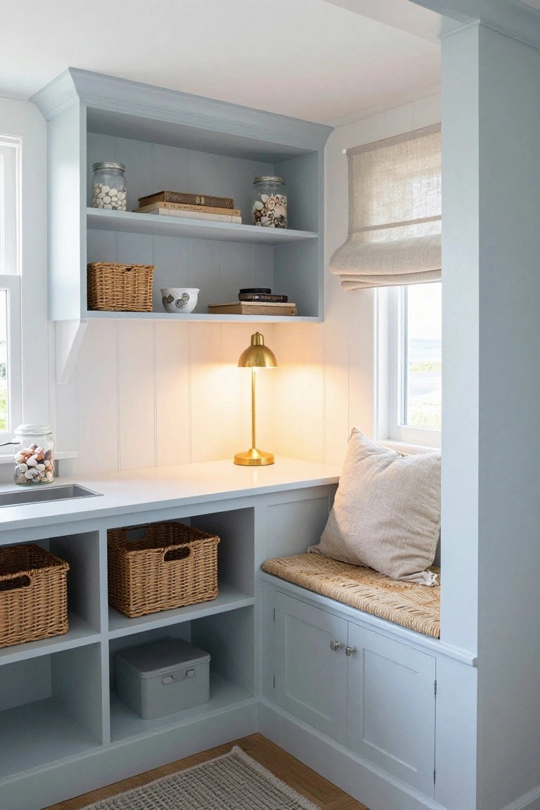 Light blue built-in cabinetry forming a window seat with beige cushions and seagrass top, open shelves holding wicker baskets, glass jars with shells, books, and a white bowl, brass lamp on white countertop by sink, linen shade on window overlooking ocean.